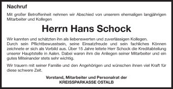 Traueranzeige von Hans Schock von Schwäbische Post