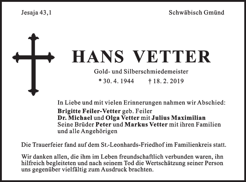  Traueranzeige für Hans Vetter vom 08.03.2019 aus Gmünder Tagespost