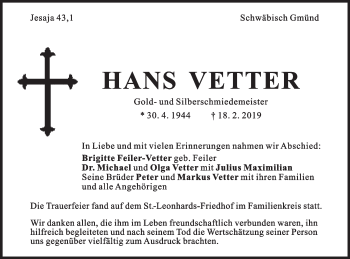 Traueranzeige von Hans Vetter von Gmünder Tagespost
