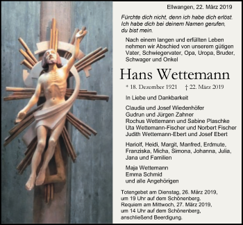 Traueranzeige von Hans Wettemann von Schwäbische Post
