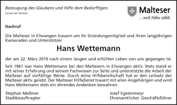 Traueranzeige von Hans Wettemann von Schwäbische Post