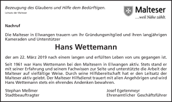 Traueranzeige von Hans Wettemann