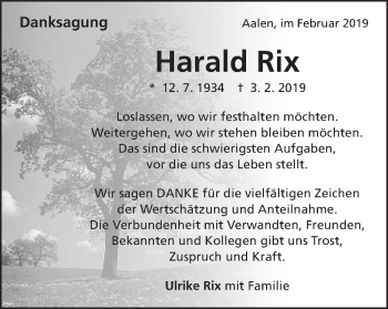 Traueranzeige von Harald Rix von Schwäbische Post