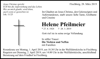 Traueranzeige von Helene Pfeilmeier von Schwäbische Post