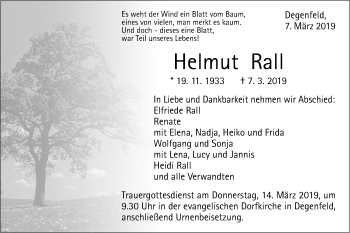 Traueranzeige von Helmut Rall von Gmünder Tagespost