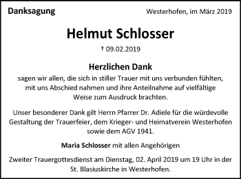 Traueranzeige von Helmut Schlosser von Schwäbische Post