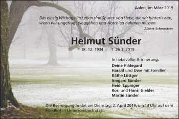 Traueranzeige von Helmut Sünder von Schwäbische Post
