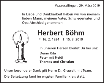 Traueranzeige von Herbert Böhm von Schwäbische Post