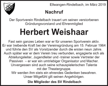 Traueranzeige von Herbert Weishaar von Schwäbische Post