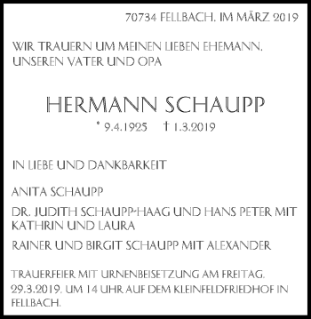 Traueranzeige von Hermann Schaupp von Amtsblatt_Oko