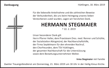 Traueranzeige von Hermann Stegmaier von Schwäbische Post