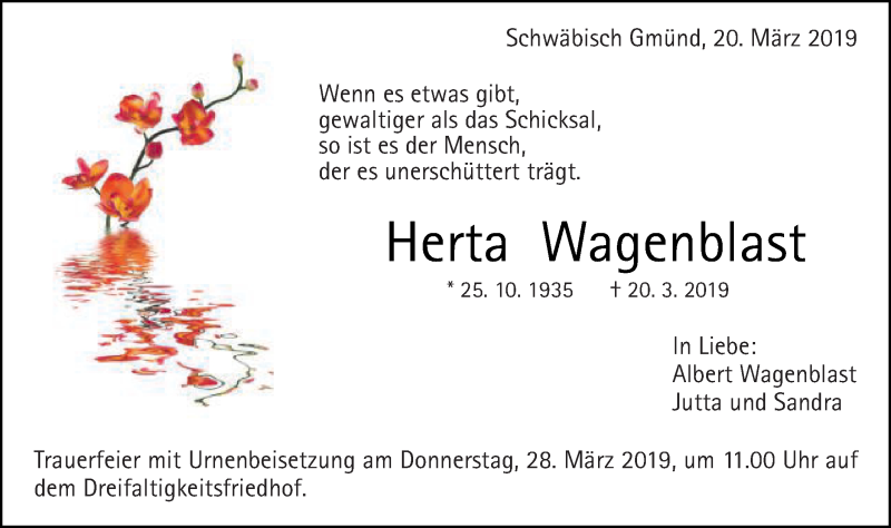  Traueranzeige für Herta Wagenblast vom 23.03.2019 aus Gmünder Tagespost