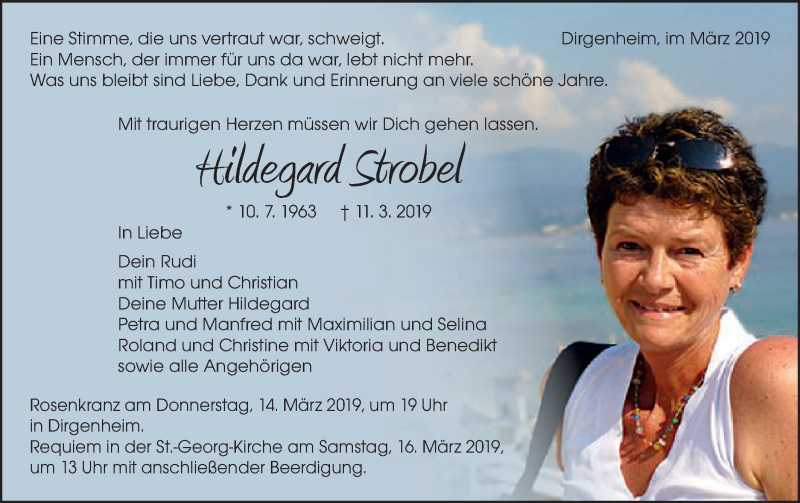  Traueranzeige für Hildegard Strobel vom 13.03.2019 aus Schwäbische Post