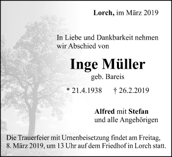 Traueranzeige von Inge Müller von Gmünder Tagespost