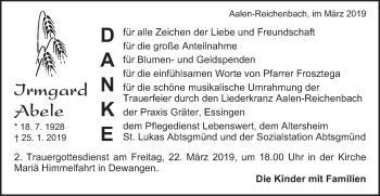 Traueranzeige von Irmgard Abele von Schwäbische Post