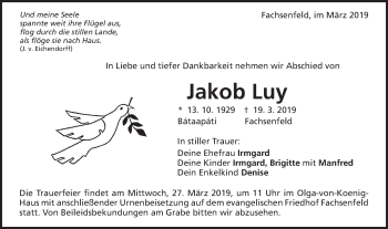 Traueranzeige von Jakob Luy von Schwäbische Post