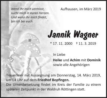 Traueranzeige von Jannik Wagner von Schwäbische Post