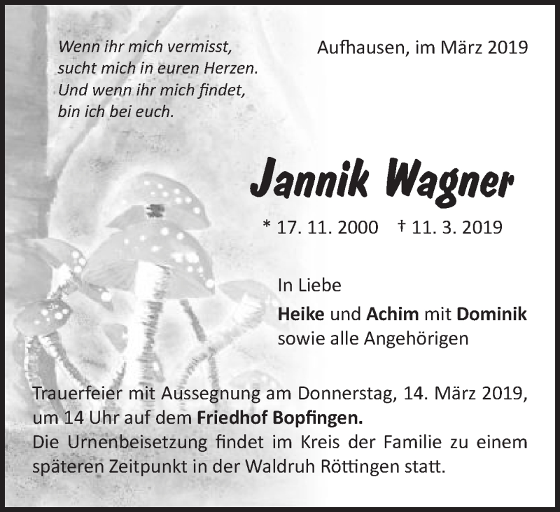  Traueranzeige für Jannik Wagner vom 13.03.2019 aus Schwäbische Post