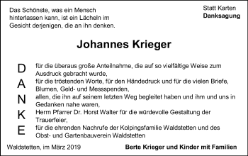Traueranzeige von Johannes Krieger von Gmünder Tagespost