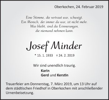 Traueranzeige von Josef Minder von Schwäbische Post