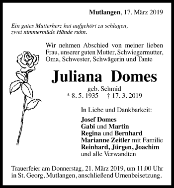Traueranzeige von Juliana Domes von Gmünder Tagespost