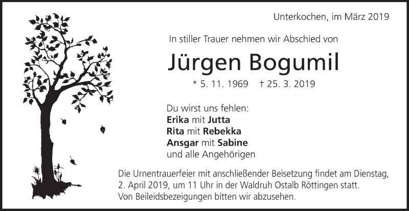  Traueranzeige für Jürgen Bogumil vom 30.03.2019 aus Schwäbische Post