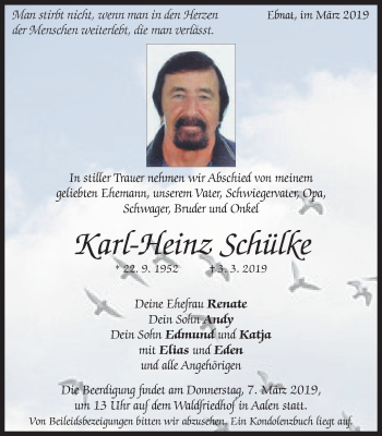 Traueranzeige von Karl-Heinz Schülke von Schwäbische Post