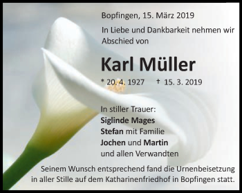 Traueranzeige von Karl Müller von Schwäbische Post