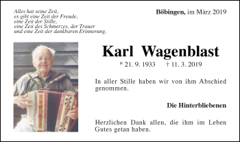 Traueranzeige von Karl Wagenblast von Gmünder Tagespost