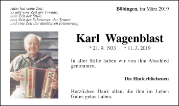 Traueranzeige von Karl Wagenblast