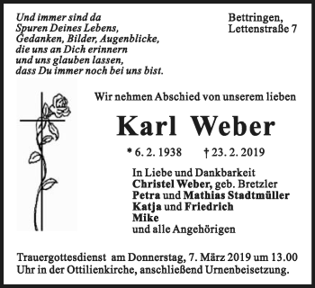 Traueranzeige von Karl Weber von Gmünder Tagespost