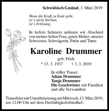 Traueranzeige von Karoline Drummer von Gmünder Tagespost