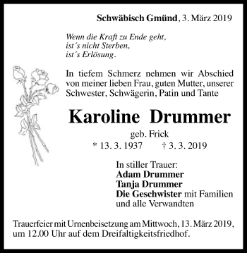 Traueranzeige von Karoline Drummer