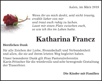 Traueranzeige von Katharina Francz von Schwäbische Post
