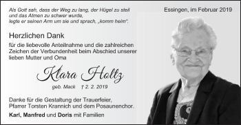 Traueranzeige von Klara Holtz von Schwäbische Post