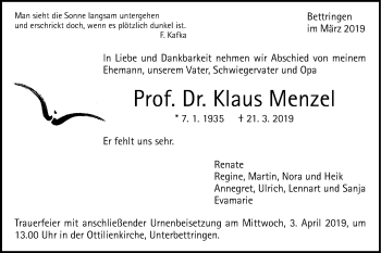 Traueranzeige von Klaus Menzel von Gmünder Tagespost