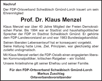 Traueranzeige von Klaus Menzel von Gmünder Tagespost