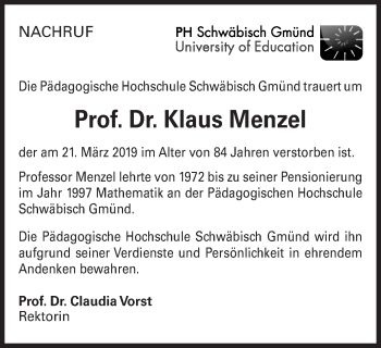 Traueranzeige von Klaus Menzel von Gmünder Tagespost