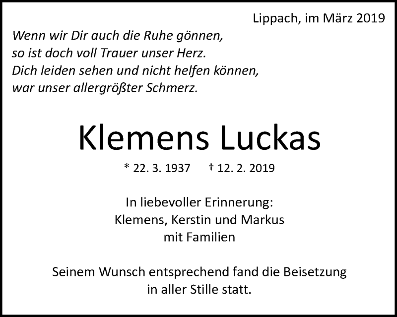  Traueranzeige für Klemens Luckas vom 09.03.2019 aus Schwäbische Post