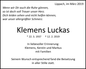 Traueranzeige von Klemens Luckas von Schwäbische Post