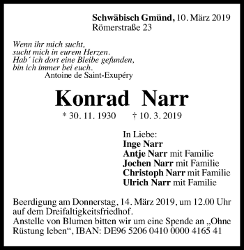 Traueranzeige von Konrad Narr von Gmünder Tagespost
