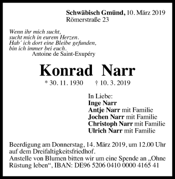 Traueranzeige von Konrad Narr