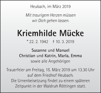 Traueranzeige von Kriemhilde Mücke von Gmünder Tagespost