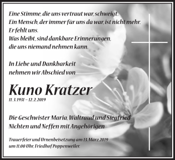 Traueranzeige von Kuno Kratzer von Schwäbische Post