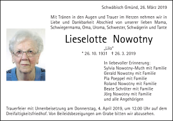 Traueranzeige von Lieselotte Nowotny von Gmünder Tagespost