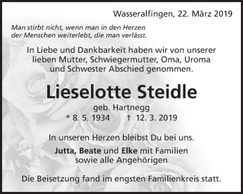 Traueranzeige von Lieselotte Steidle von Schwäbische Post