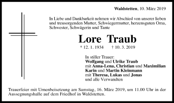 Traueranzeige von Lore Traub von Gmünder Tagespost