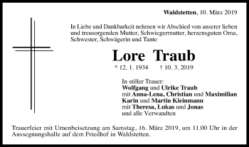 Traueranzeige von Lore Traub