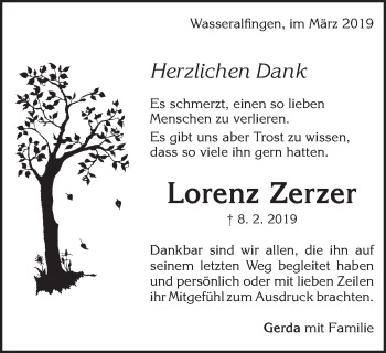Traueranzeige von Lorenz Zerzer von Schwäbische Post