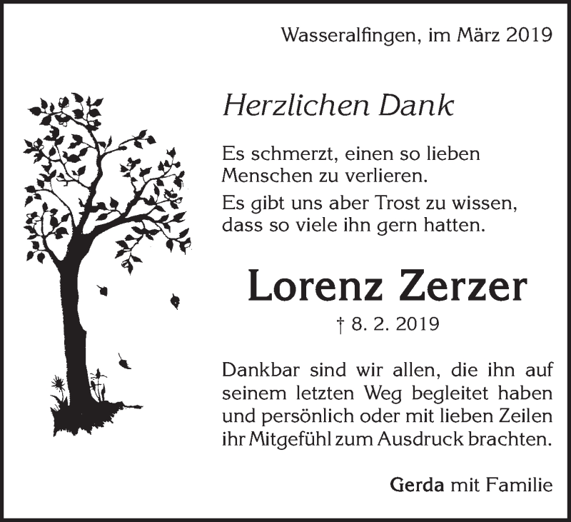  Traueranzeige für Lorenz Zerzer vom 01.03.2019 aus Schwäbische Post